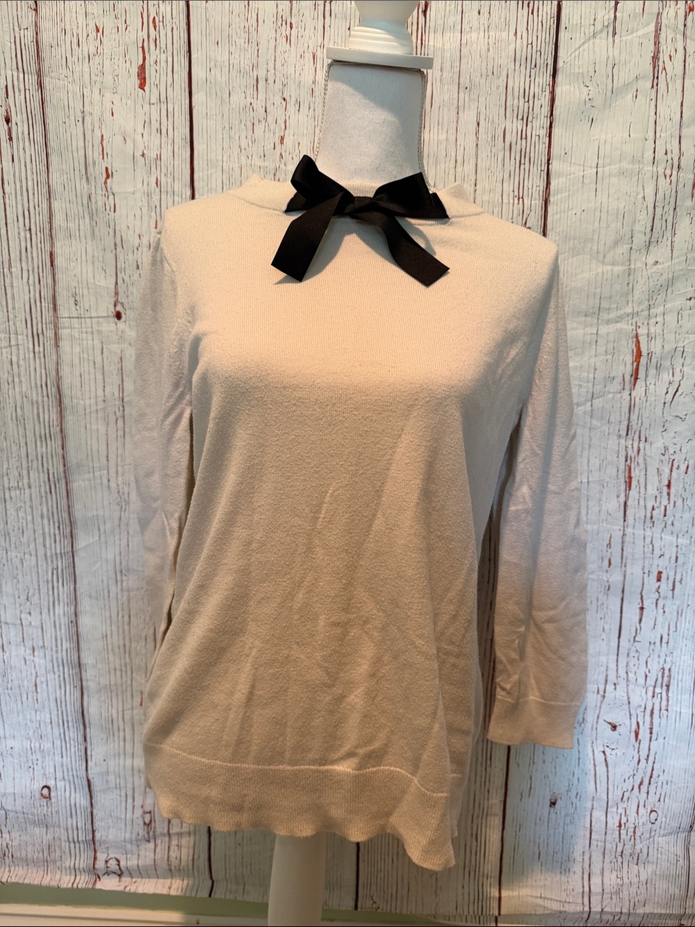 J. Crew Cream Sweater with Black Bow Neck Tie